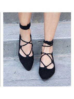 Jeffrey Campbell Black Lace-Up Pointed Flats with Ankle Wrap
